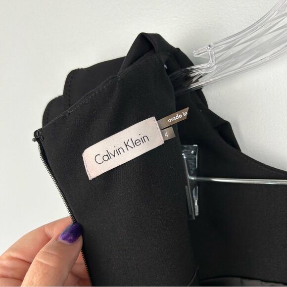 Calvin Klein Ruffle Flutter Sleeve Sheath Dress Black Back Zip Cocktail LBD Sz 4 - Picture 6 of 16